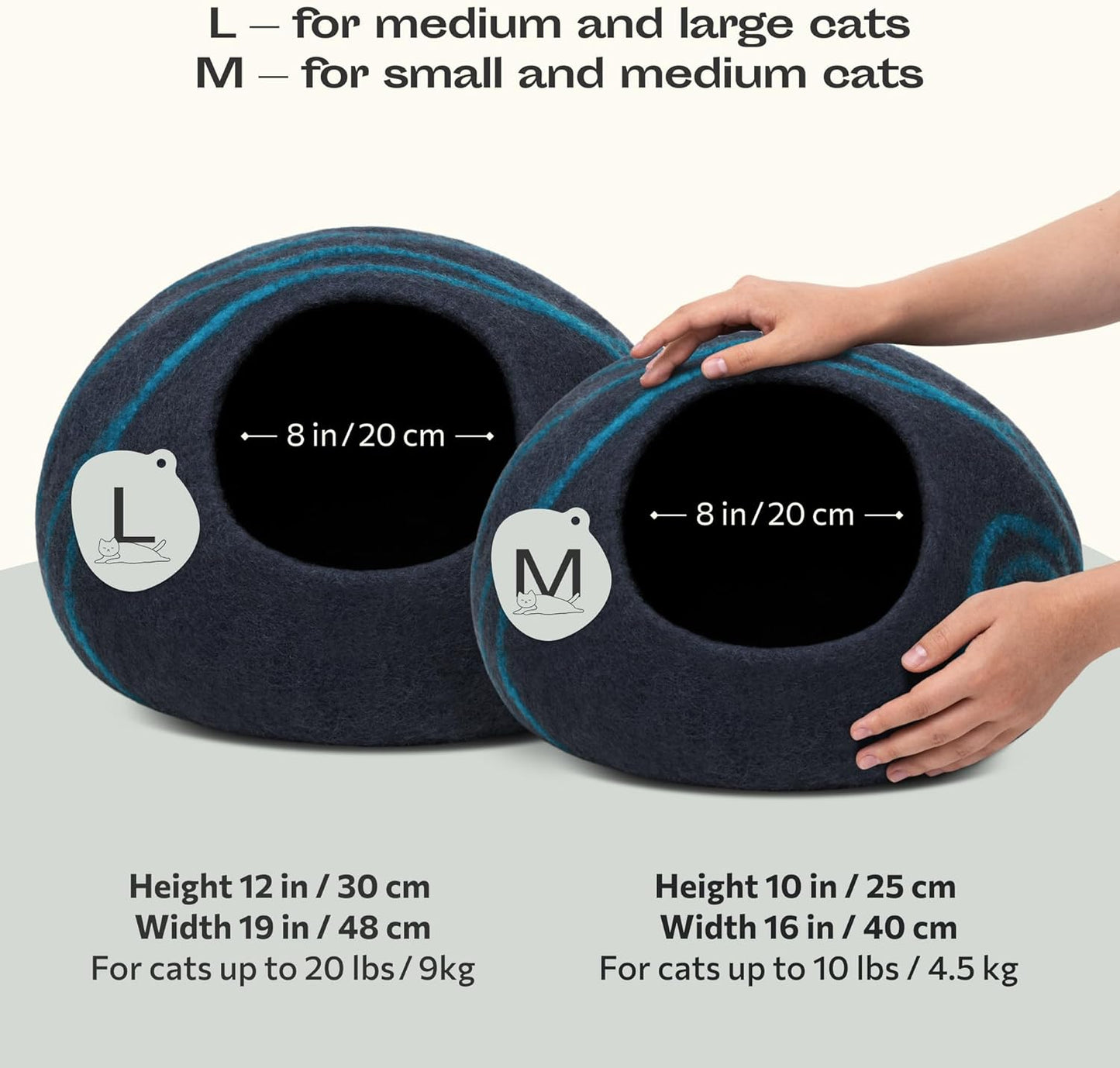 Cat Cave – Premium Felt Cat Bed for Indoor Cats, Handmade 100% Merino Wool (Dark Shades) (Large, Black Aqua)