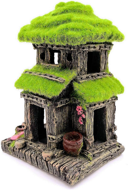 Aquarium Decorations Fish Hideout House Betta Cave with Green Lifelike Moss (Style 3)