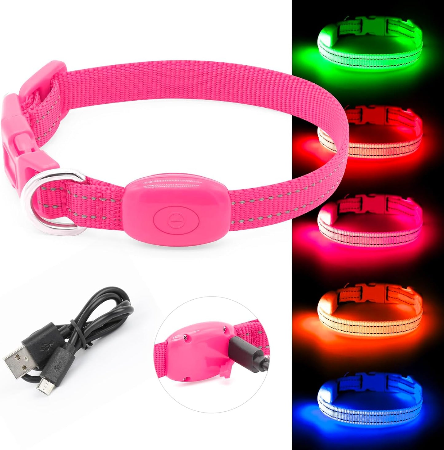 Light up Dog Collar, Rechargeable LED Cat Collar Glow in the Dark Puppy Collar Safety Dog Lights for Night Walking (Pink, XS)