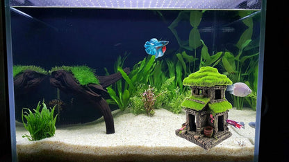 Aquarium Decorations Fish Hideout House Betta Cave with Green Lifelike Moss (Style 3)