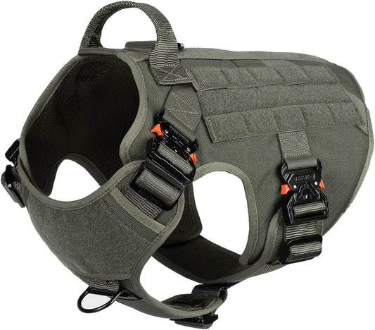 Tactical Dog Harness with 4X Metal Buckle,Working Dog MOLLE K9 Vest with Handle,No Pulling Front Clip,Adjustable Pet Harness for Large Dogs (L (28"-35" Chest), Green)