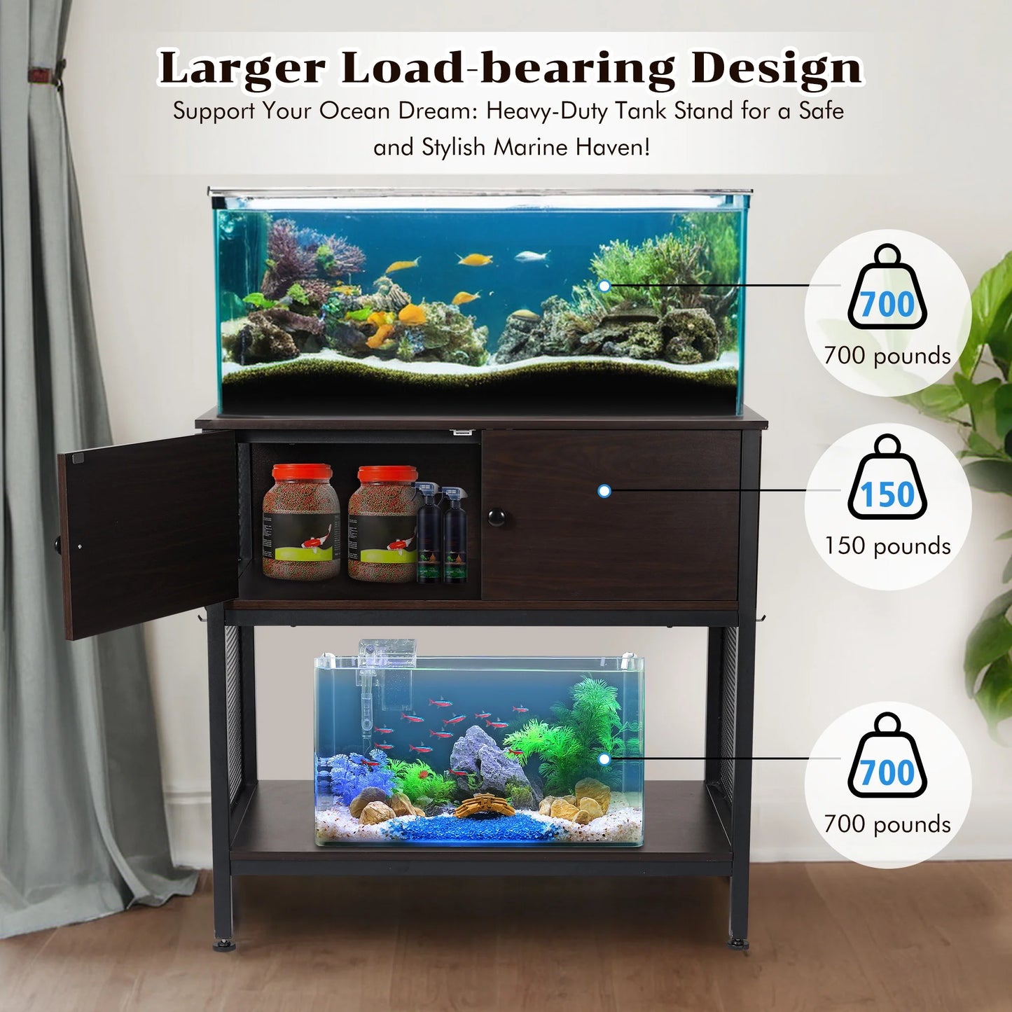 40-50 Gallon Fish Tank Stand with Cabinet, 38" Heavy Duty Reptile Tank Stand, Turtle Tank Stand, Capacity 700 Lbs, Adjustable Table Feet, Black