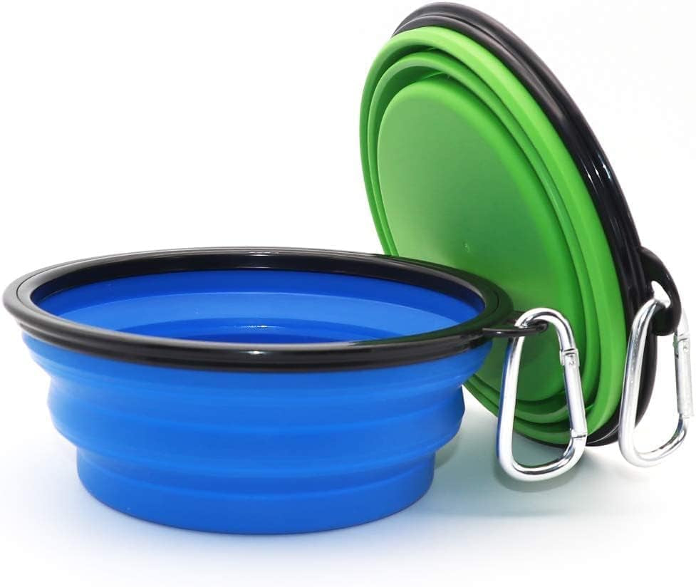 Collapsible Bowls, 2 Pack Water Bowls for Cats Dogs, Portable Pet Feeding Watering Dish for Walking Parking Traveling with 2 Carabiners (Large, Blue+Green)