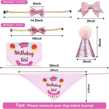 Dog Birthday Party Supplies Bandana Hat Banner Set Boy Girl Cute Bow Tie Scarf Dog Birthday Decorations (Pink，Dog Girl)