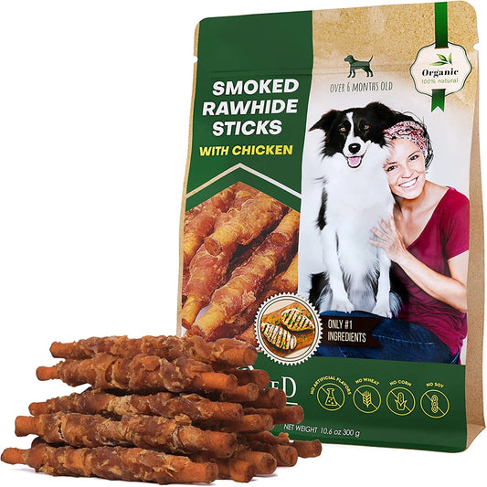 Dog Smoked Rawhide Sticks Wrapped Chicken & Pet Natural Chew Treats - Grain Free Organic Meat & Healthy Human Grade Dried Snacks in Bulk - Best Twists for Training Small & Large Dogs - Lab Tested