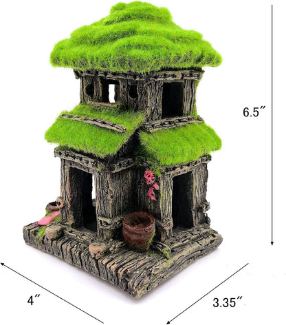 Aquarium Decorations Fish Hideout House Betta Cave with Green Lifelike Moss (Style 3)