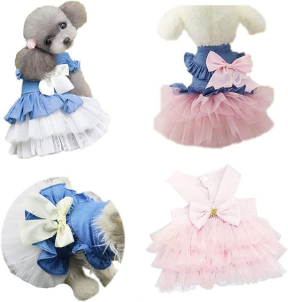 Dog Dress Cowboy Bow Jumpsuits Pets Party Clothes for Puppy Cat Lace Skirt Mesh Princess Tutu Dresses