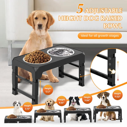 Elevated Dog Bowls Stand with 2 Thick 42Oz Stainless Steel Dog Food Bowls, Raised Dog Bowls 5 Heights Adjustable for Small Medium and Large Dogs, Cats