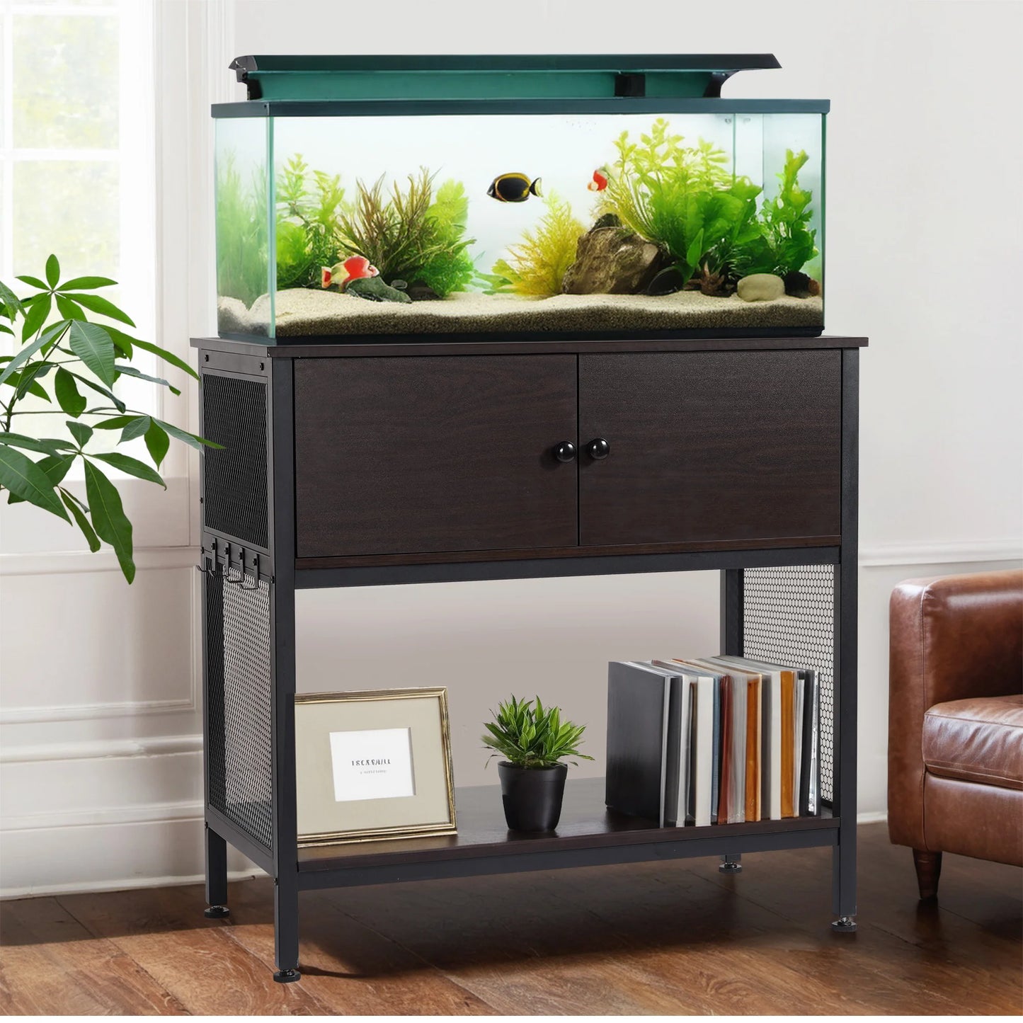 40-50 Gallon Fish Tank Stand with Cabinet, 38" Heavy Duty Reptile Tank Stand, Turtle Tank Stand, Capacity 700 Lbs, Adjustable Table Feet, Black