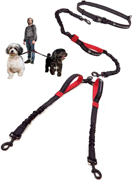 Hands Free Double Dog Leash for Small Dogs - Dual Dog Leash - Two Dog Leash No Tangle - Multiple Dog Leash for 2 Dogs - Double Leash - Leash Splitter - Double Clip Leash Coupler (Small, Black & Red)