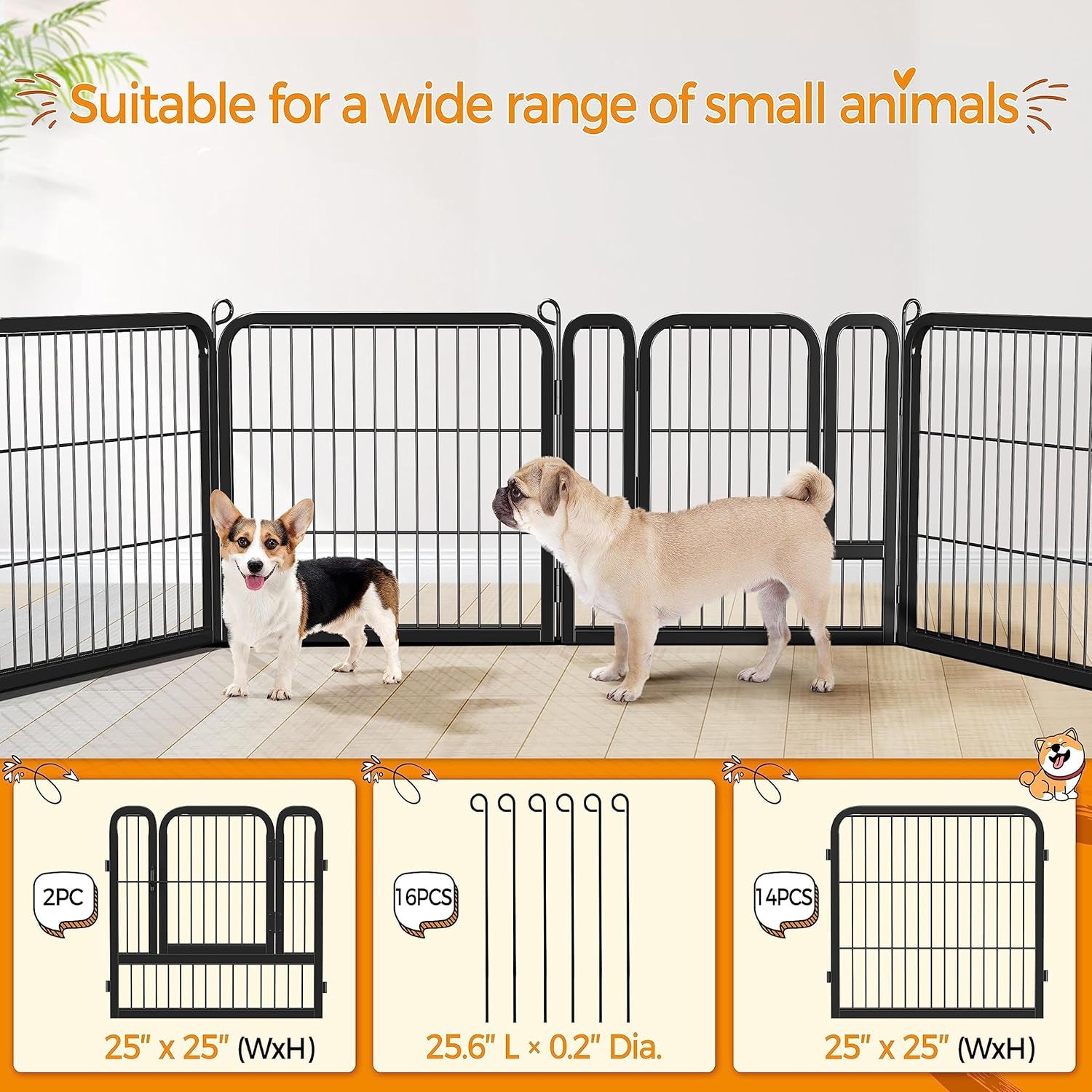 Dog Playpen Outdoor 24 Inch 16 Panels Indoor Dog Fence Metal Dog Pen Heavy Duty Pet Puppy Exercise Pen for RV Camping Garden Yard