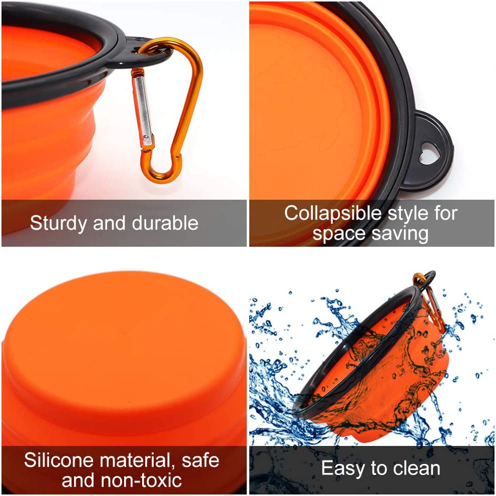 Collapsible Dog Bowls, 2 Pack, Portable Pet Feeding Watering Dish for Traveling with Carabiners (Small, Orange+Pink)