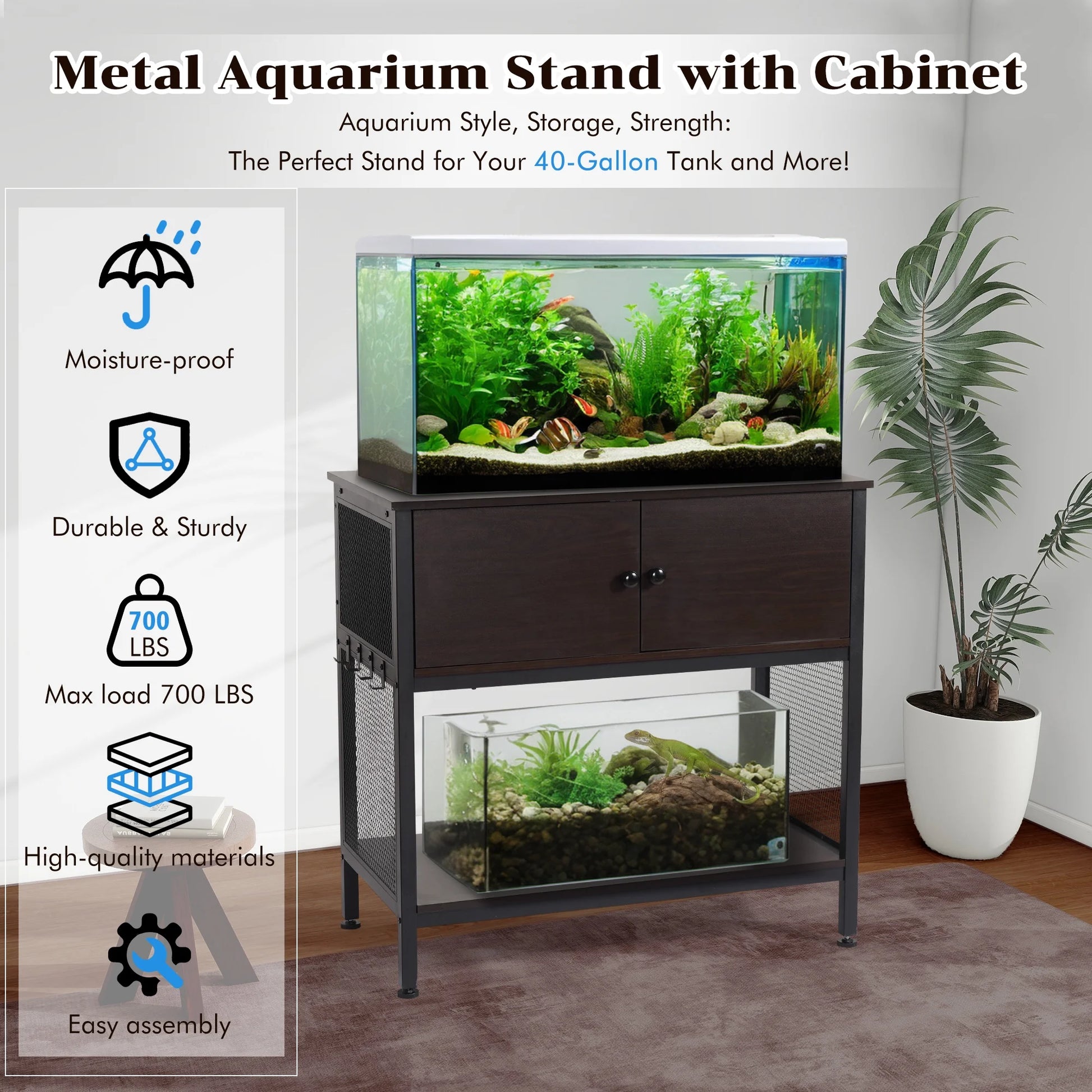 40-50 Gallon Fish Tank Stand with Cabinet, 38" Heavy Duty Reptile Tank Stand, Turtle Tank Stand, Capacity 700 Lbs, Adjustable Table Feet, Black