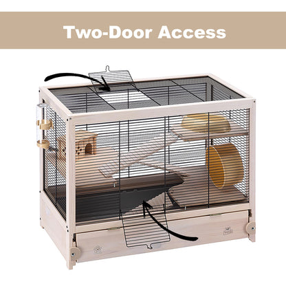 Hamsterville Hamster Cage | Natural Wood Hamster Cage Includes ALL Accessories | 23.6L X 13.4W X 19.3H Inches, 15 Lbs.