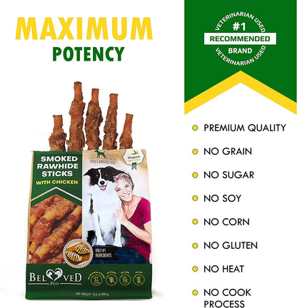 Dog Smoked Rawhide Sticks Wrapped Chicken & Pet Natural Chew Treats - Grain Free Organic Meat & Healthy Human Grade Dried Snacks in Bulk - Best Twists for Training Small & Large Dogs - Lab Tested