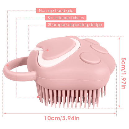 Silicone Rubber Dog Cat Grooming Massage Brush - Hair Fur Cleaning with Soft Shampoo Dispenser (Pink Paw Shape)