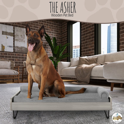 Asher Wooden Pet Bed with Mattress | Large to Extra Large Pet Bed with Mattress | Elevated Pet Bed | Greenguard Gold Certified Wooden Pet Bed