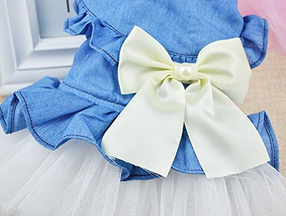 Dog Dress Cowboy Bow Jumpsuits Pets Party Clothes for Puppy Cat Lace Skirt Mesh Princess Tutu Dresses