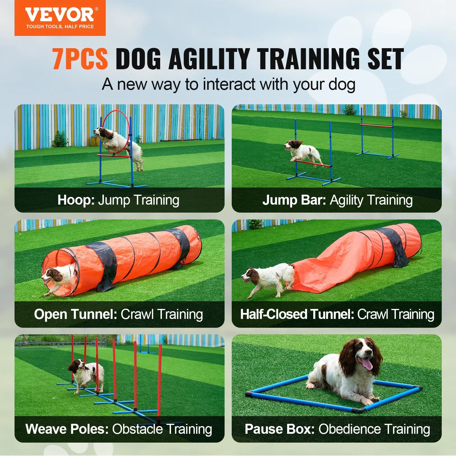 VEVOR Dog Agility Training Equipment 7 PCS Set Upgrade W/ Hurdles 2 Tunnels Ring