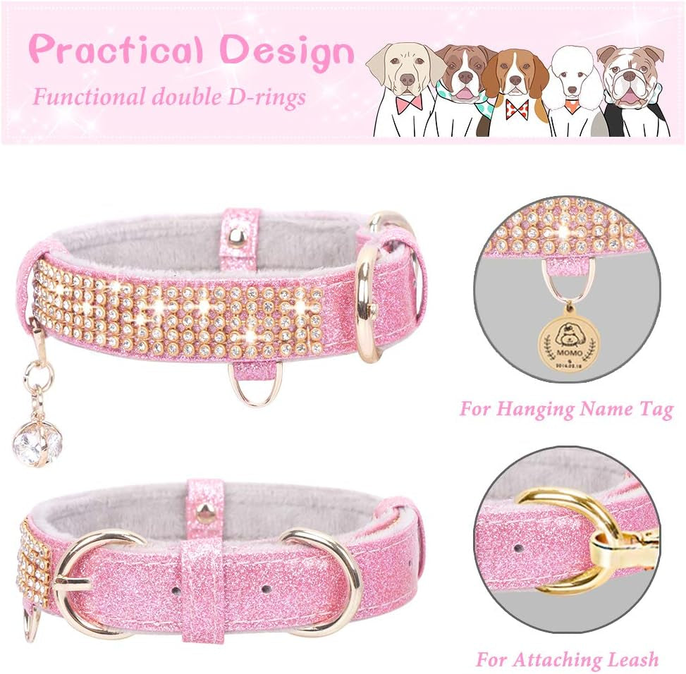 Cat Collar, Dog Collar, [Bling Rhinestones] Premium PU Leather with Pendant Adjustable Collars for Small to Medium Dog Medium Pink