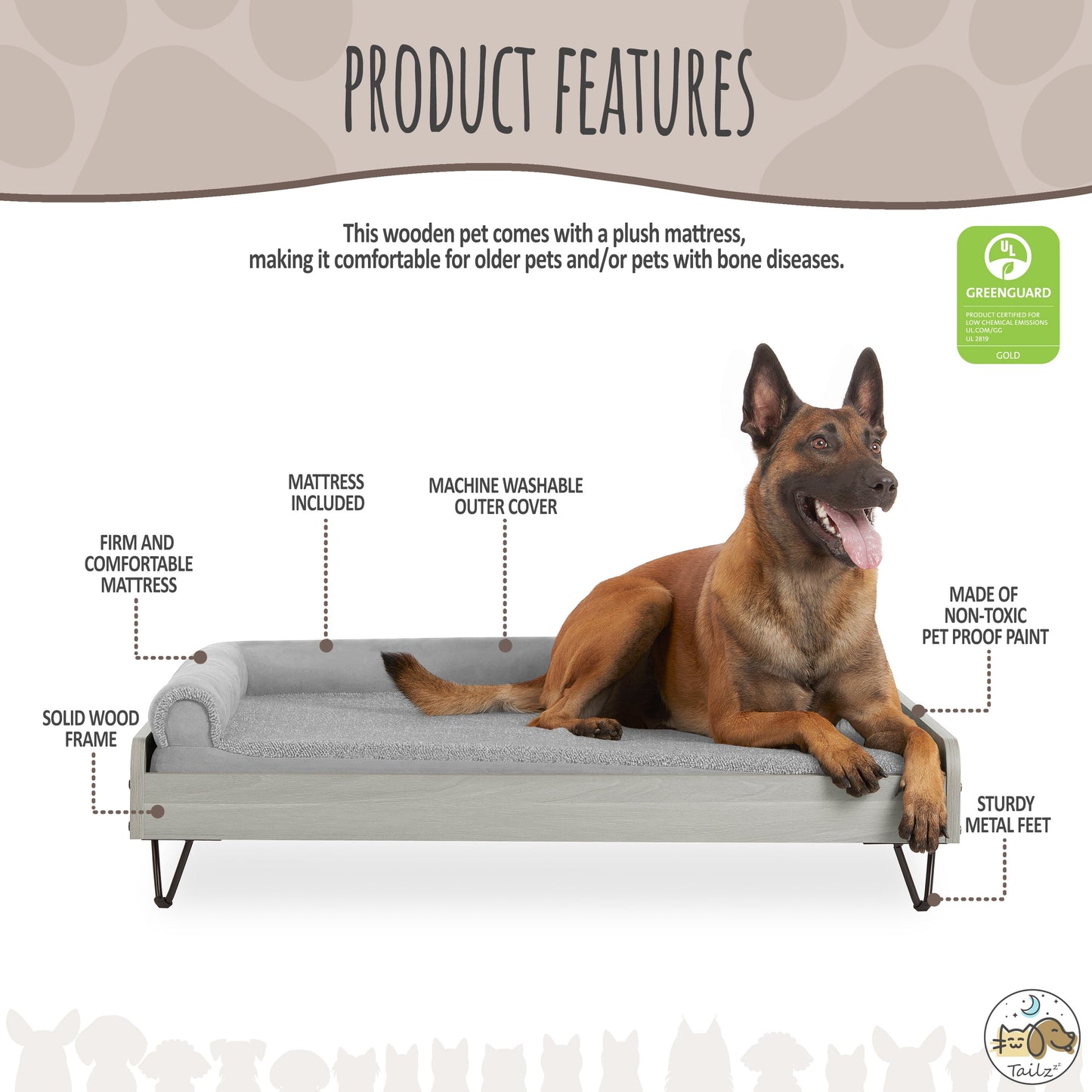 Asher Wooden Pet Bed with Mattress | Large to Extra Large Pet Bed with Mattress | Elevated Pet Bed | Greenguard Gold Certified Wooden Pet Bed