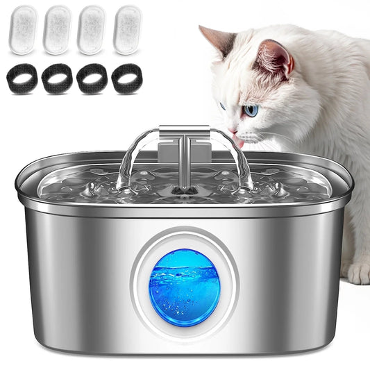 Cat Water Fountain Stainless Steel,  108Oz/3.2L Pet Fountain with Water Level Window, Dog Water Dispenser Drinking Fountain with 4 Replacement Filters for Cats, Dogs, Multiple Pets