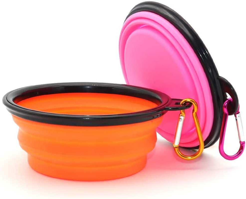 Collapsible Dog Bowls, 2 Pack, Portable Pet Feeding Watering Dish for Traveling with Carabiners (Small, Orange+Pink)