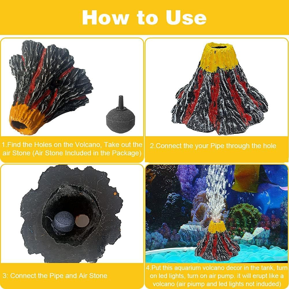 Aquarium Volcano with Air Stone Bubbler, Realistic Fish Tank Volcano Ornaments Bubble Maker for More Oxygen Aquarium Decor, Great Addition to Fish Tank Beta Aquarium (S= 3.4 X 2.2 X 0.8 Inch)