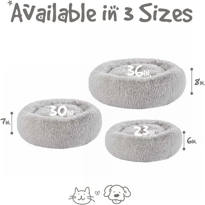 Donut Dog Bed Faux Fur Fluffy Calming Sofa for Small Dogs, Soft & Plush anti Anxiety Pet Couch for Dogs, Machine Washable Coco Pet Bed with Non-Slip Bottom, 23"X23"X6" Grey