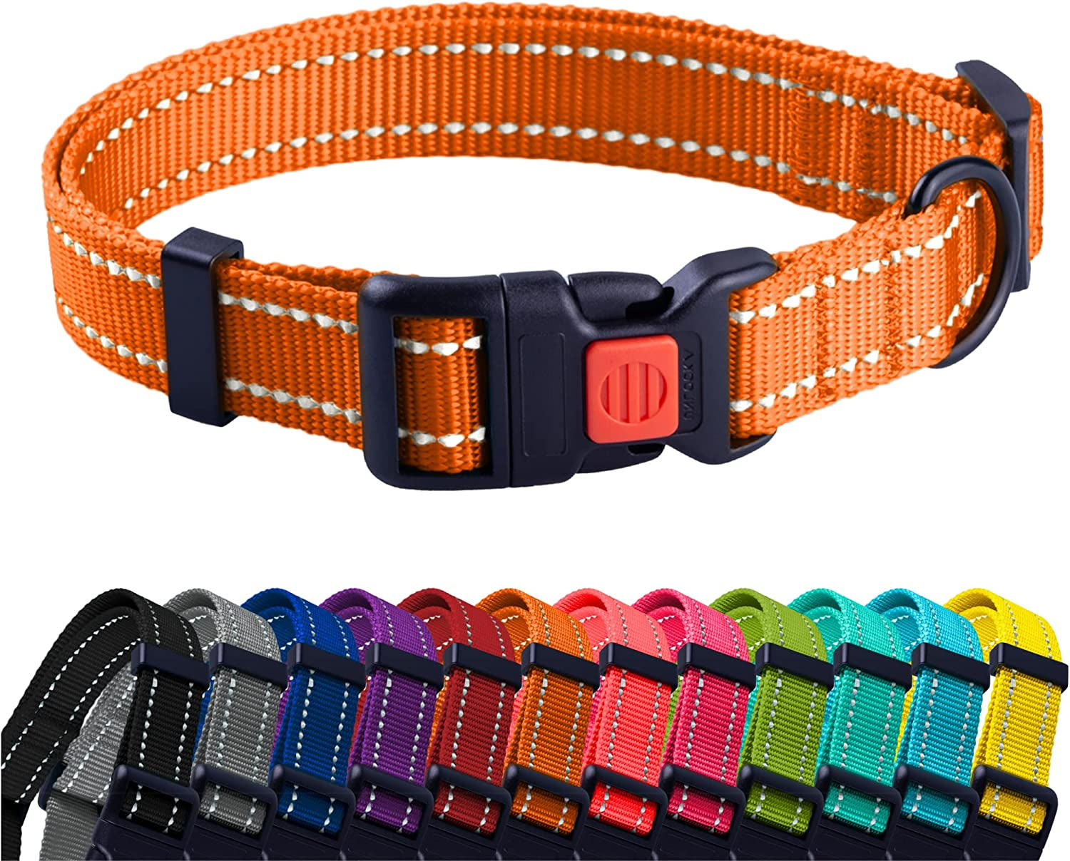 Reflective Dog Collar for a Small, Medium, Large Dog or Puppy with a Quick Release Buckle - Boy and Girl - Nylon Suitable for Swimming (10-13 Inch, Orange)